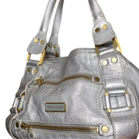 Jimmy Choo Mahala Tote Metallic Silver Leather Gold Hardware Shoulder Bags